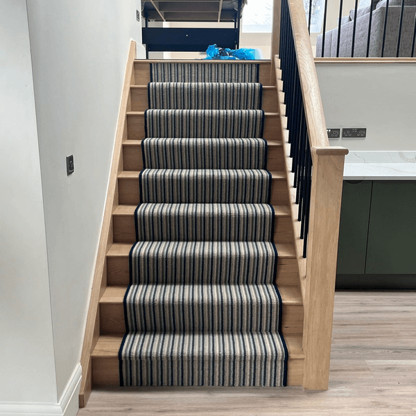 Modern striped stair runner carpet.