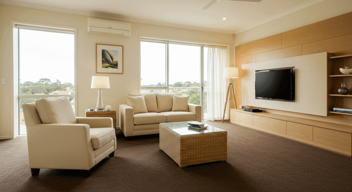 Modern living room, brown carpet, cream sofa and chair, wicker coffee table.