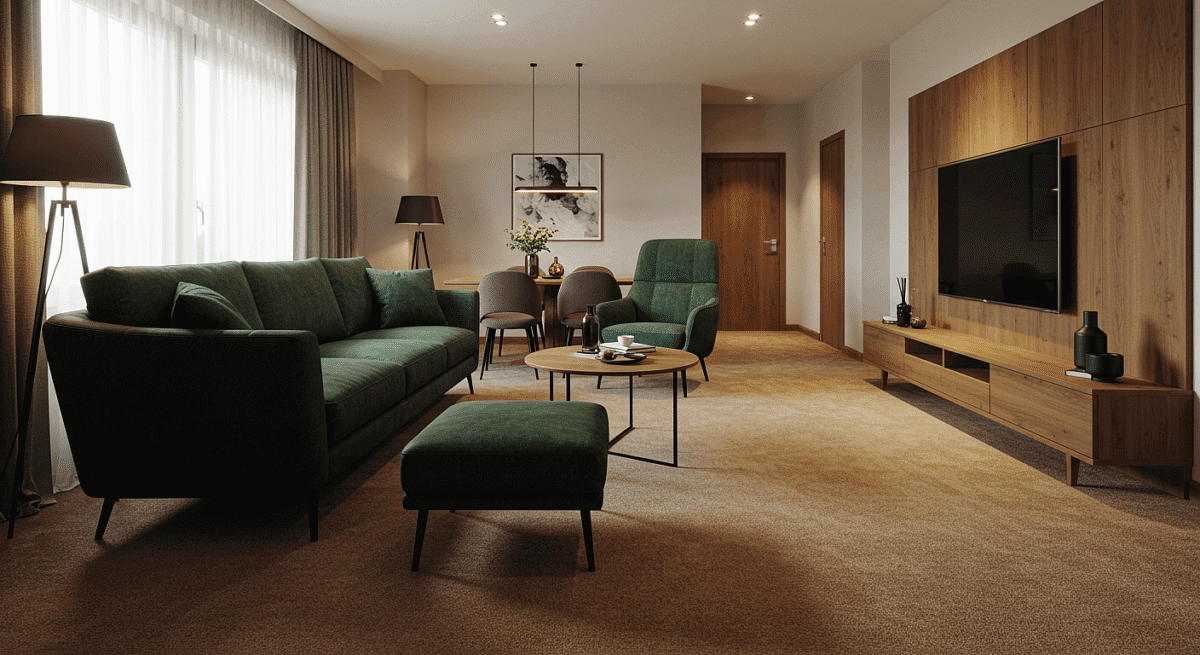 Caramel toned carpet, green armchair, sofa.
