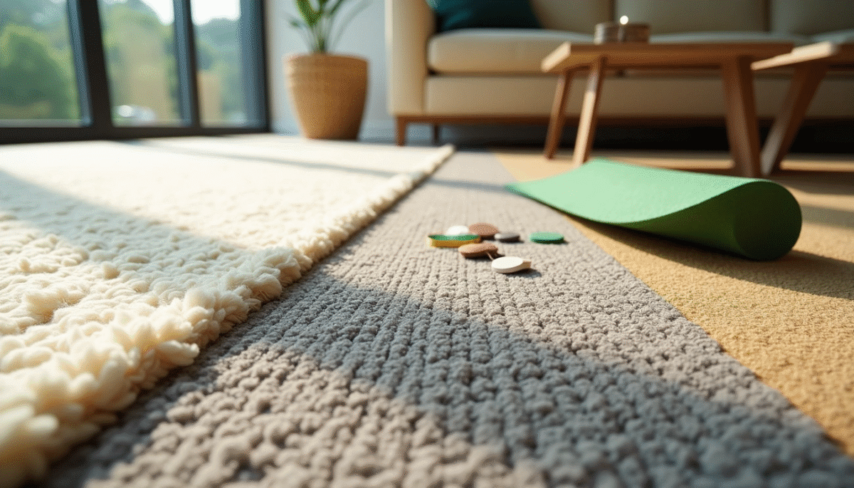 A close-up of a living room floor with a grey carpet, and a green yoga mat, with a sofa and potted plant in the background.