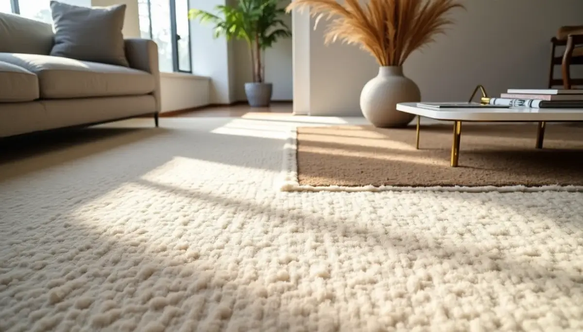 A bright living room with textured cream carpet, showcasing one of today's popular carpet colours, a brown rug, a modern coffee table, plants, and a sofa near large windows letting in natural light.