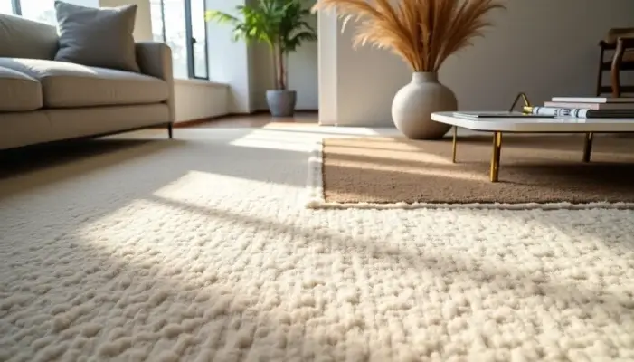 A bright living room with textured cream carpet, showcasing one of today's popular carpet colours, a brown rug, a modern coffee table, plants, and a sofa near large windows letting in natural light.