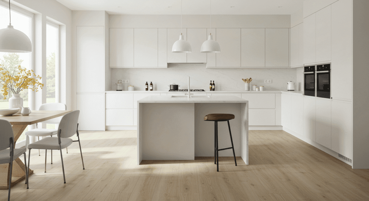 Modern white kitchen with luxury vinyl tile flooring. Kitchen design 2025.