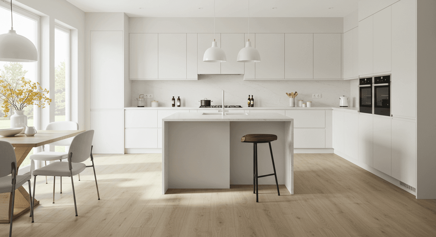 Modern white kitchen with luxury vinyl tile flooring. Kithcen design 2025.