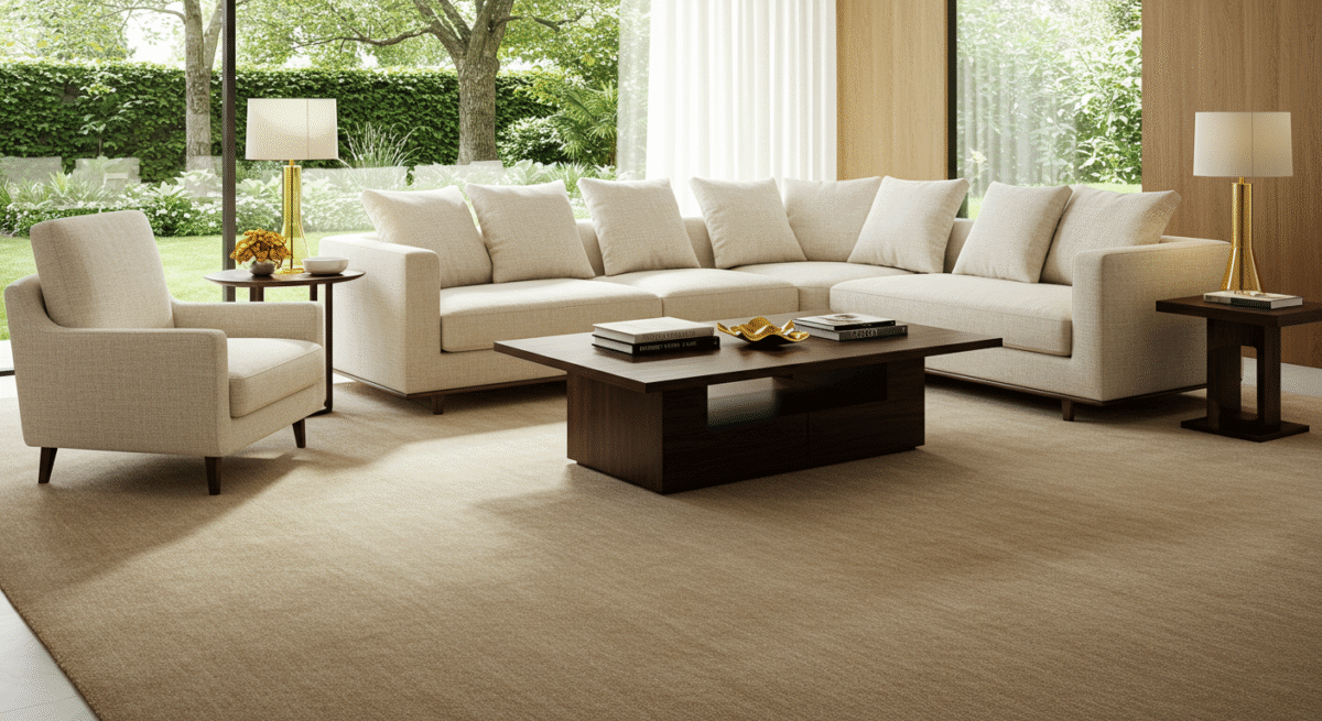 A modern living room with a beige sectional sofa, armchair, wooden coffee table, two side tables with lamps, and large windows overlooking a green garden boasts soft carpet colours that add warmth to the inviting space.