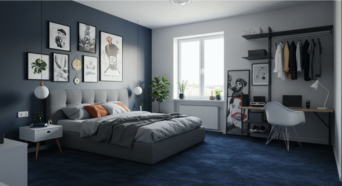 Modern bedroom with a grey bed, dark blue carpet in one of the trending carpet colours, gallery wall art, plants, a desk with chair, open shelving for clothes, and a large window letting in natural light.