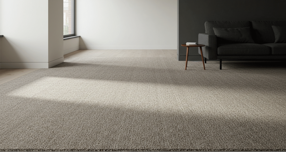 Modern minimalist apartment with textured neutral carpet.