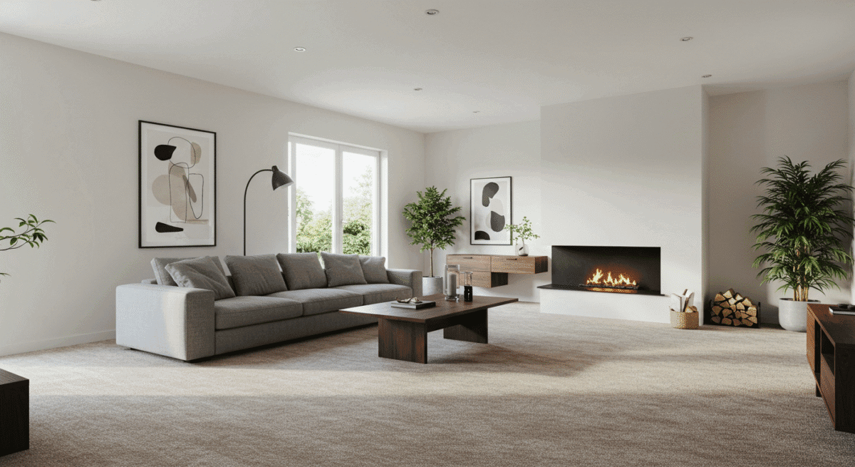 Modern open plan living space with neutral carpet.