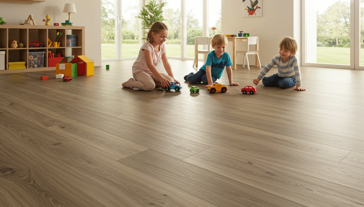 Luxury vinyl flooring with children playing with toy cars.
