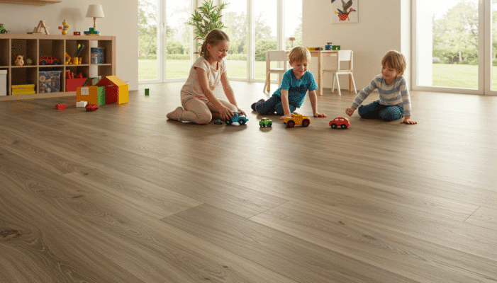 Luxury viinyl flooring with children playing with toy cars.