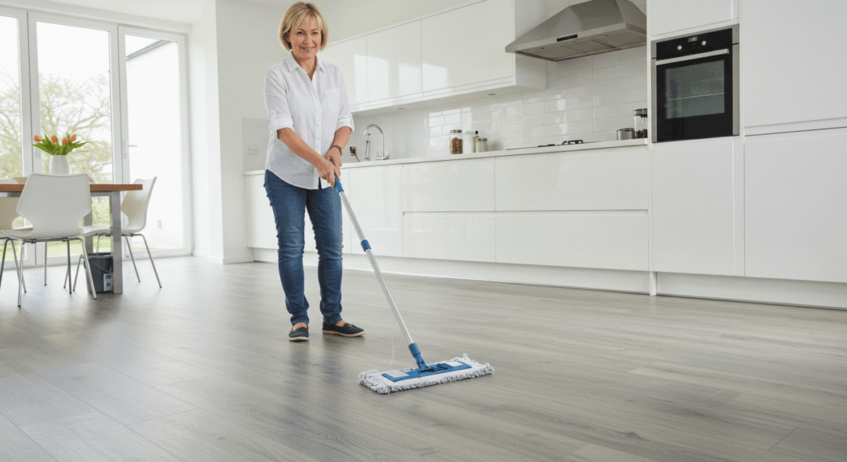 Woman cleaning her luxury vinyl floor in the kitchen. LVT care and maintenance.
