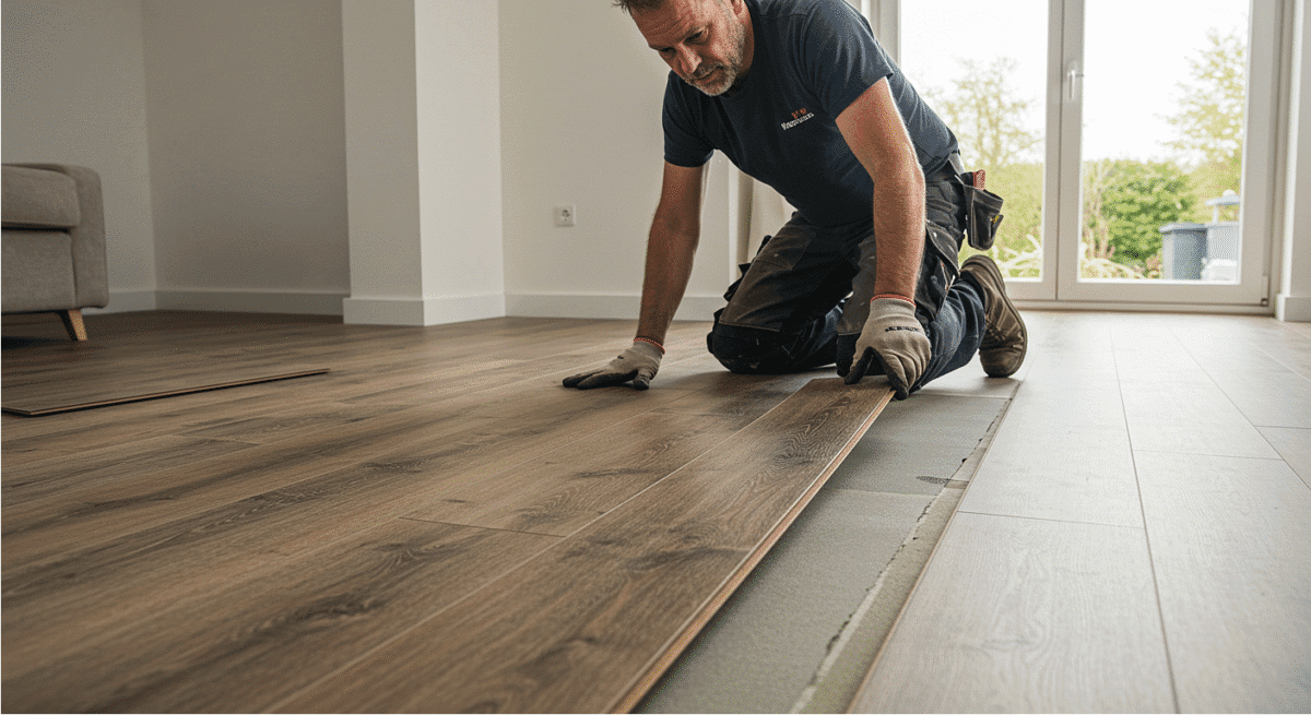 Luxury vinyl flooring fitting, professional vinyl floor installation.