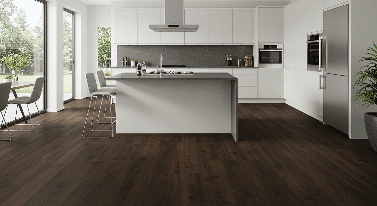 Modern kitchen with luxury vinyl flooring. LVT Flooring.