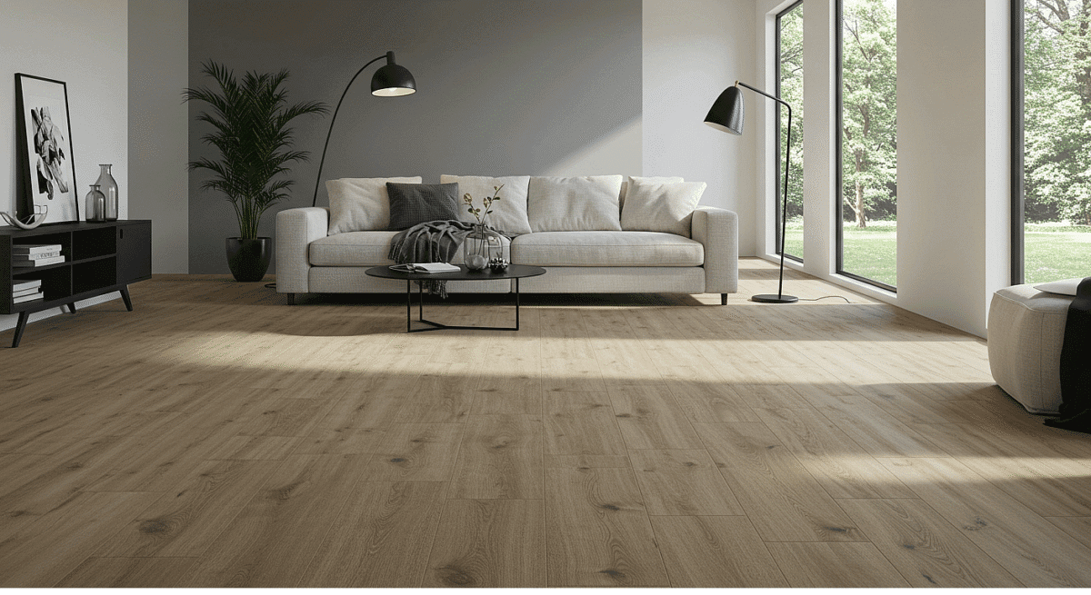 Modern living room with luxury vinyl flooring.