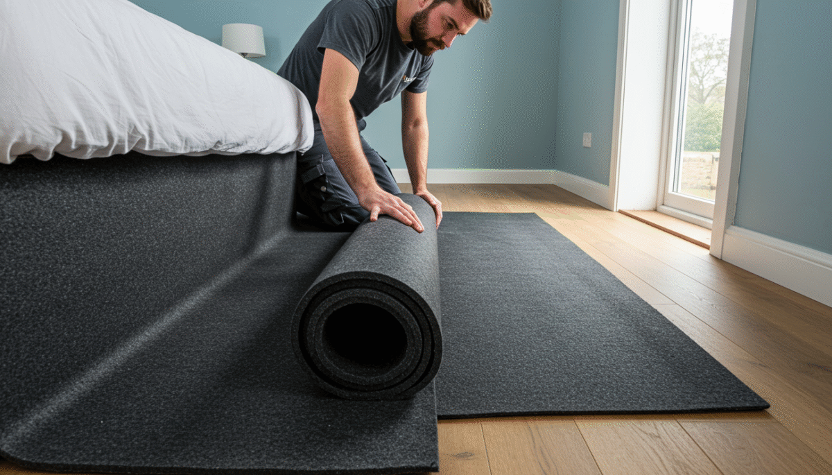 Soundproof underlay fitting, in a bderoom prior to floor install.