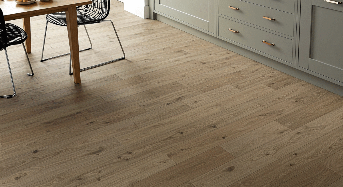 Stone plastic composite florring, installed in a kitchen. First choice flooring Harrogate.