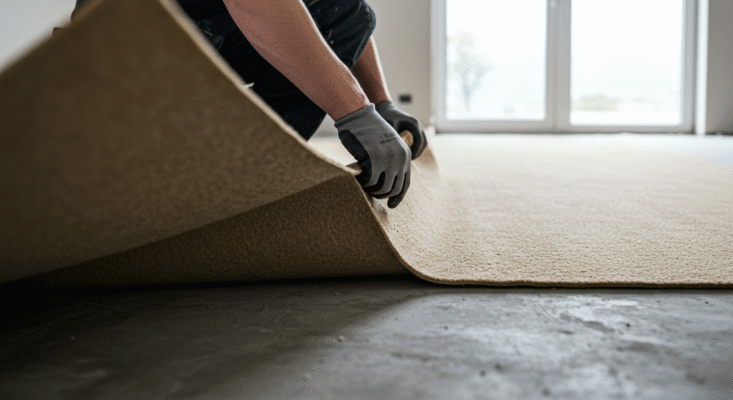 Tradesman fitting underlay for a carpet. Best carpet underlay.