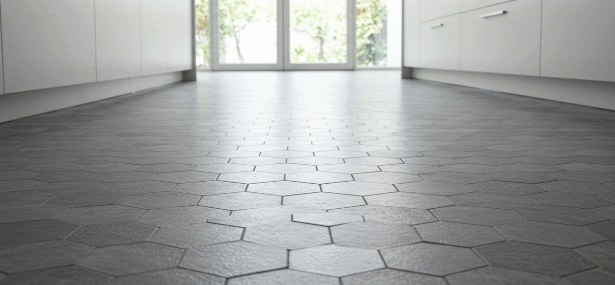 Modern hexagonal tile kitchen flooring.