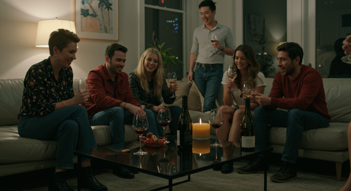 People socially drinking wine in a home, good carpet underlay can help with noice levels.