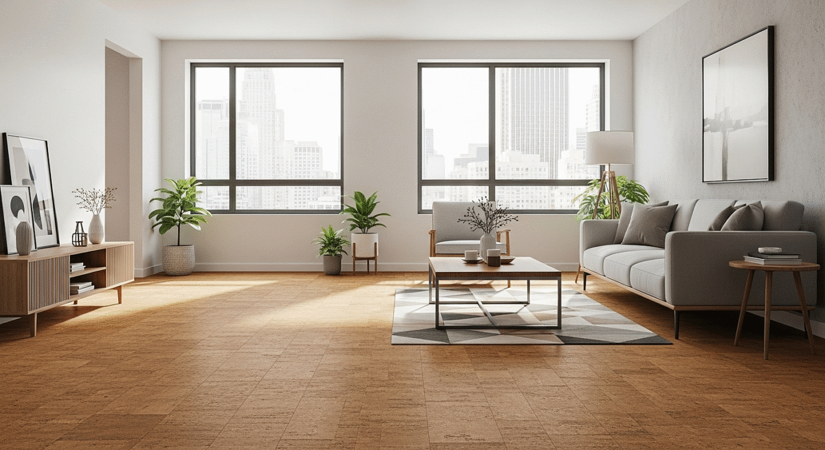 Cork flooring in modern apartment.