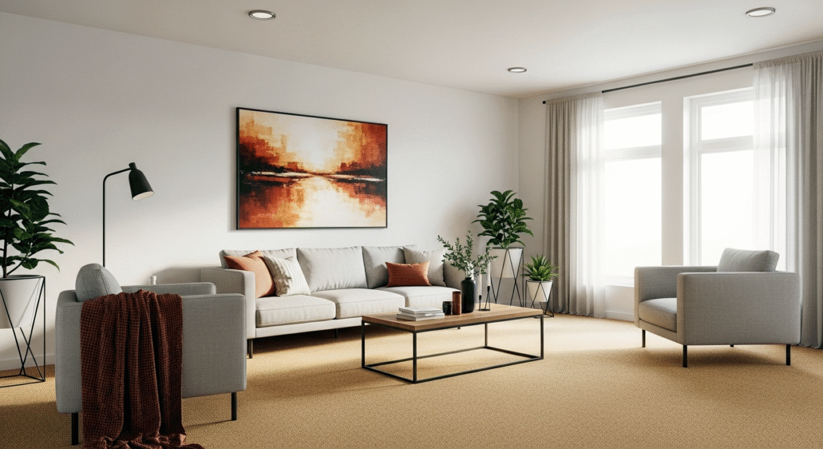 Modern living room with honey coloured carpet, grey furniture and terracotta accents.