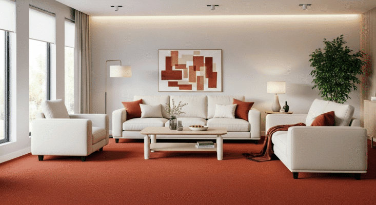 Modern living room with terracotta coloured carpet, cream coloured furniture.