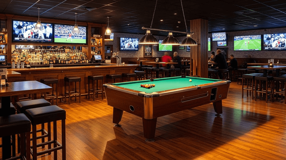 Commercial sports bar with luxury engineered wooden floor, pool table, live sports tv. 