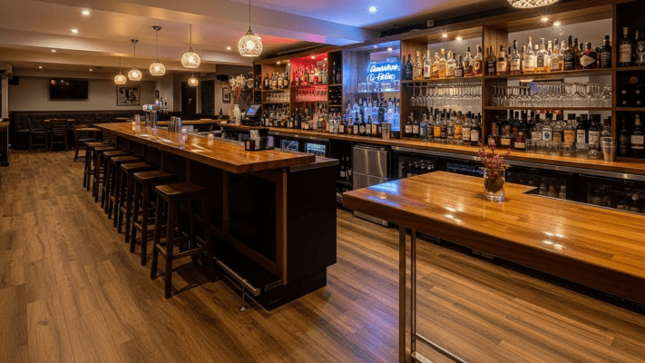 Commercial bar with laminate flooring.