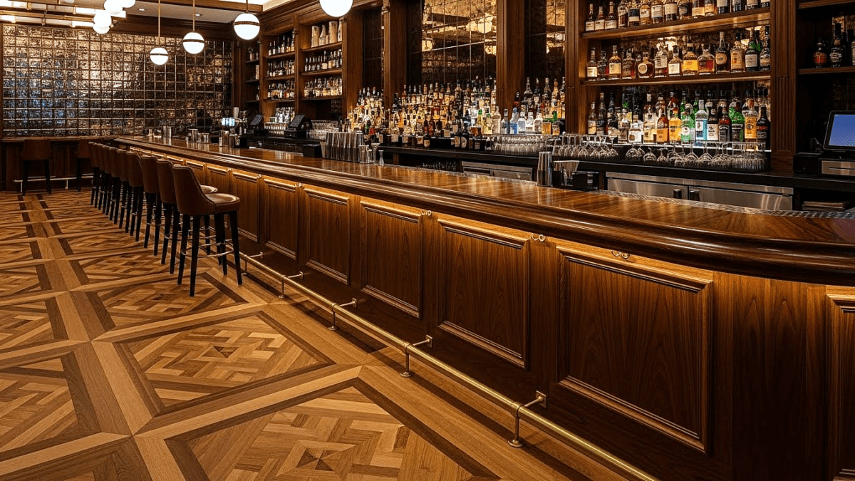 Leeds hotel bar parquet solid wood flooring.