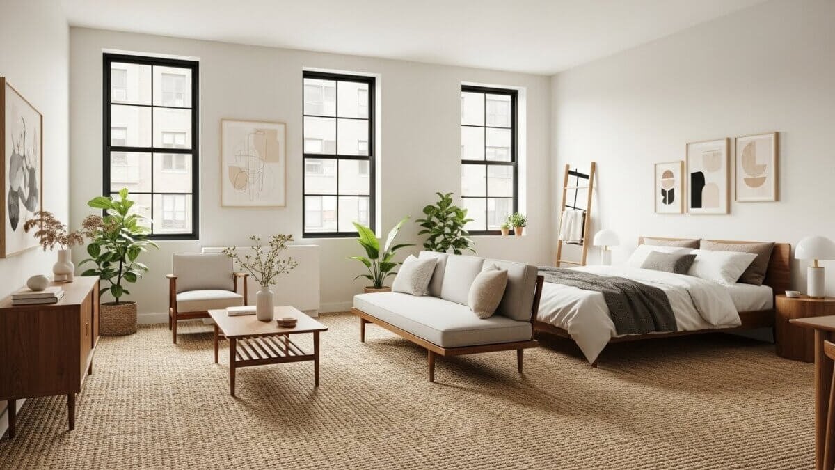 Modern jute natural fibre carpet fitted in Harrogate studio flat. 