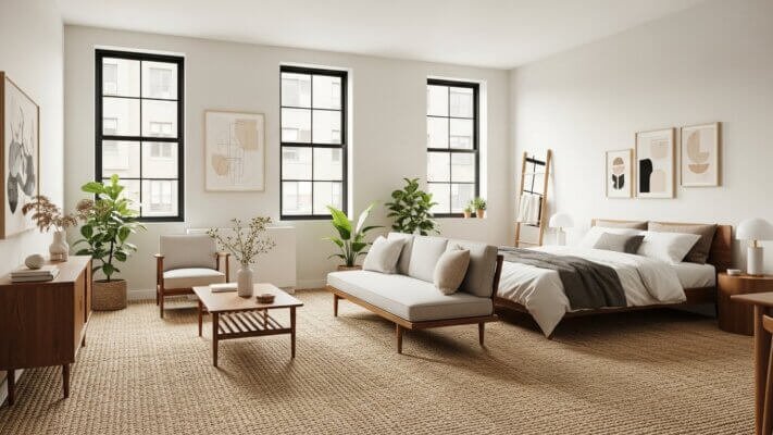 Modern jute natural fibre carpet fitted in Harrogate studio flat.