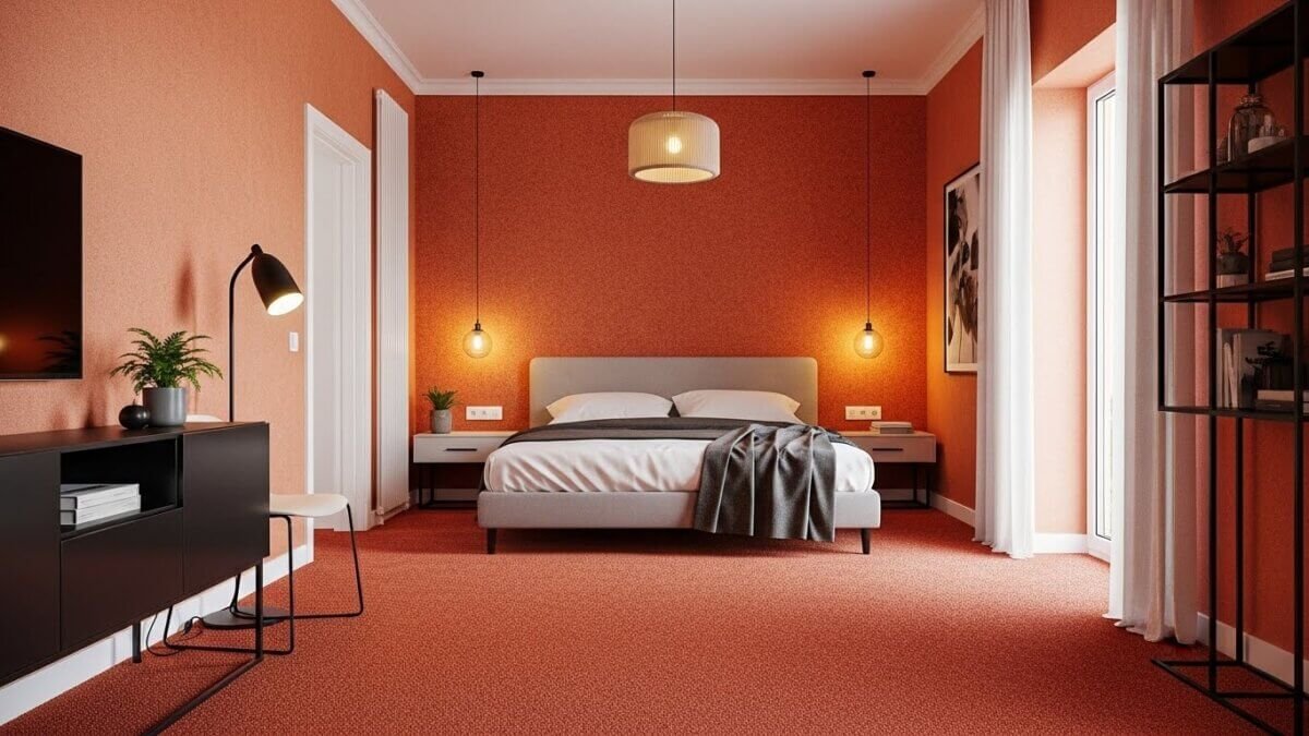 Terracotta carpet modern bedroom.