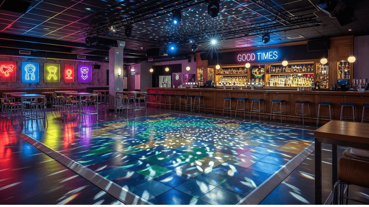 Coloured rubber dance floor install York, bar flooring.