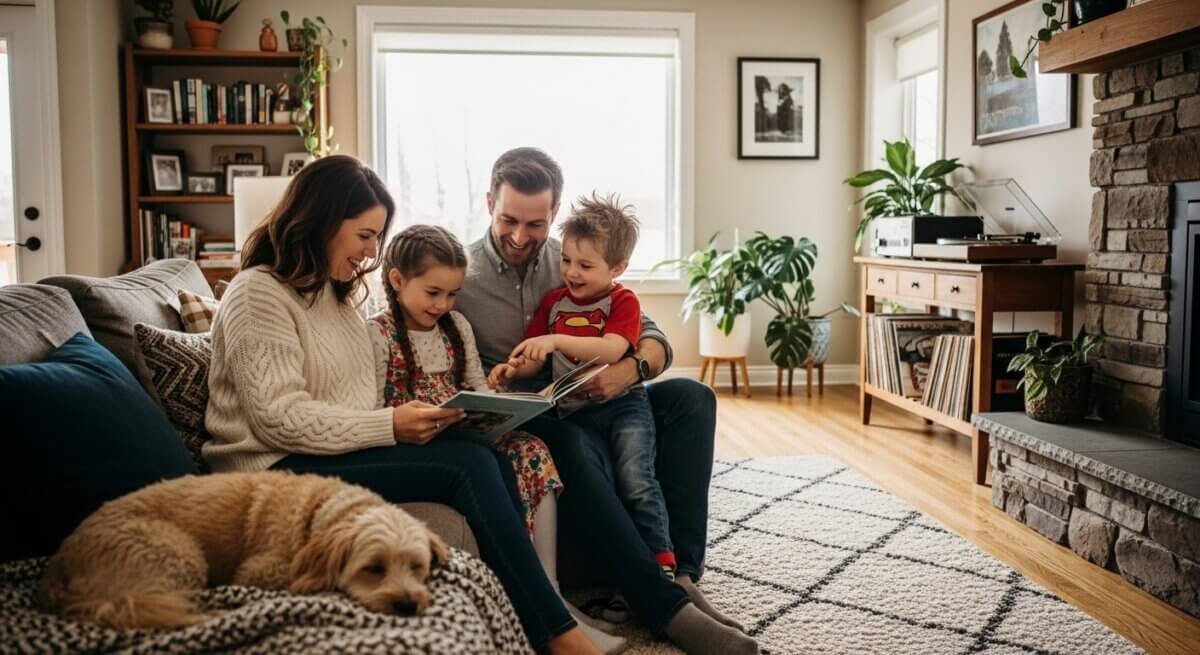 Living room with a family, enjoying underfloor heating.