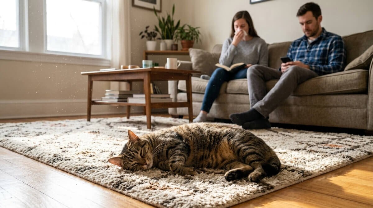 Hypoallergenic Carpets, cats can release allergens which embed in carpets, cat sleeping on carpet rug. 