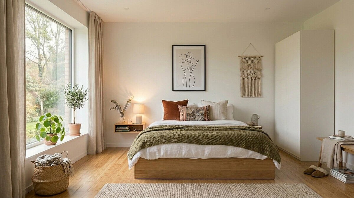 Natural bedroom decor. Bamboo wooden flooring.
