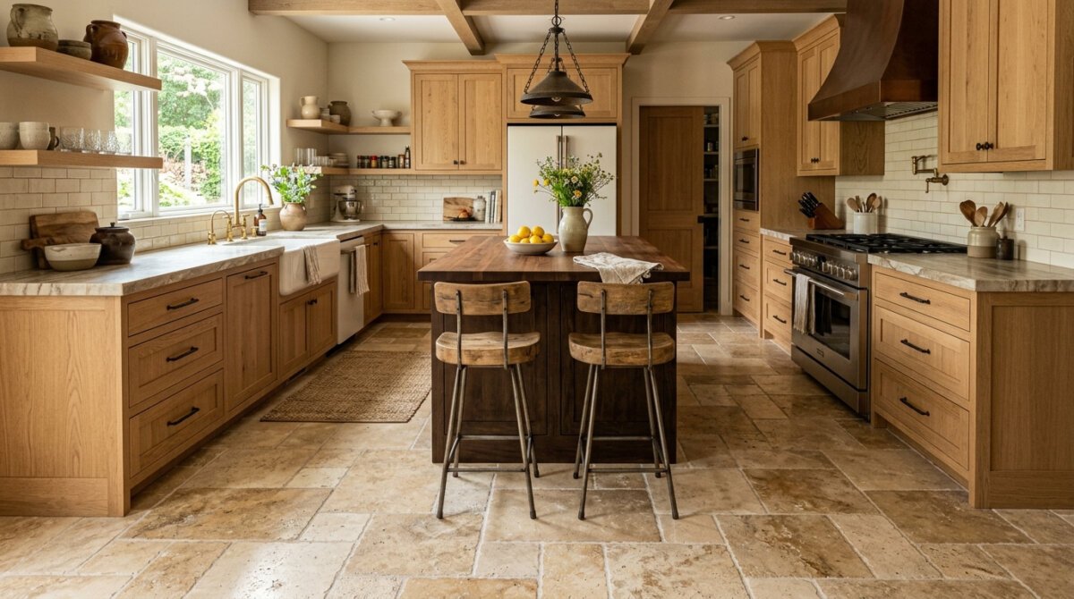 Travertine Kitchen Flooring in Ripon. 