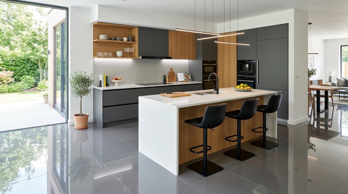 Modern Kitchen with High Gloss Tile Flooring Boroughbridge. 