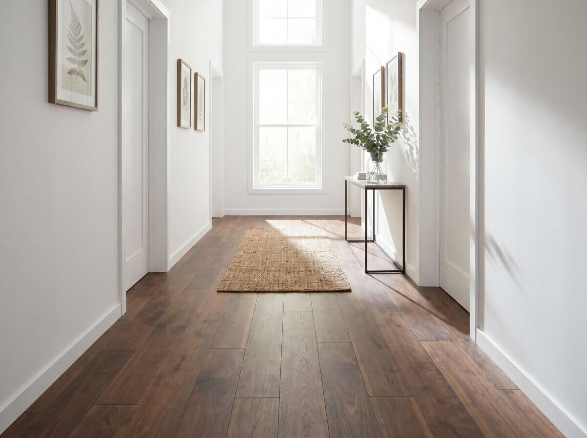 Dark engineered wood flooring, hallway.