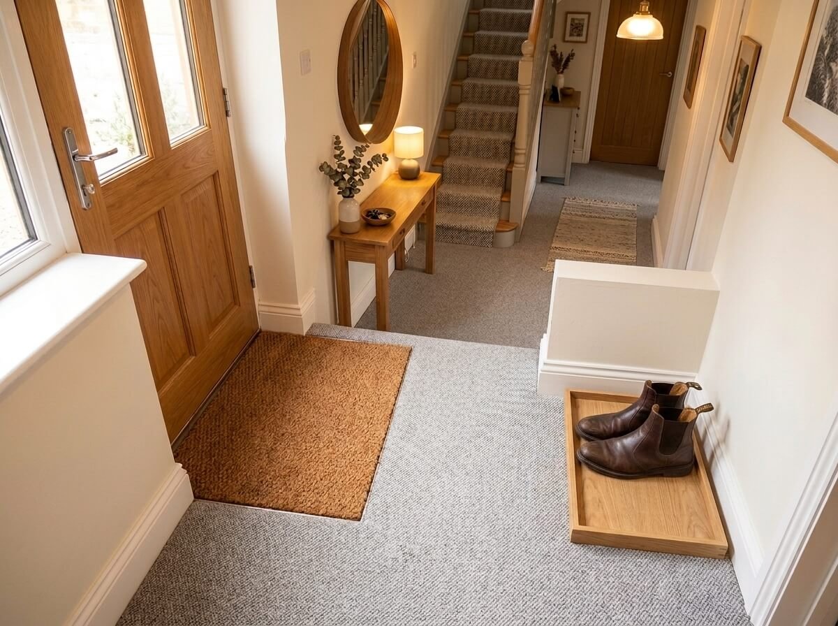 A high-angle interior photograph of a modern residential home entrance hallway. At the doorway, a thick, natural rustic coir doormat transitions seamlessly into a pristine, high-density light gray hallway carpet floor.