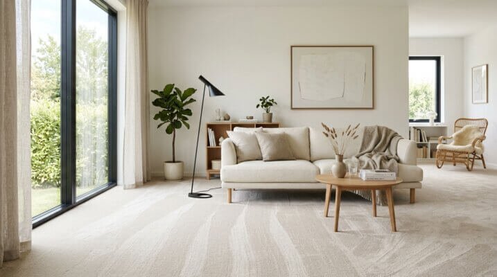 A professional architectural interior photograph of a bright, spacious, modern Scandinavian living room. The flooring is a premium, plush, perfectly clean light-beige carpet showing flawless texture and soft vacuum lines.