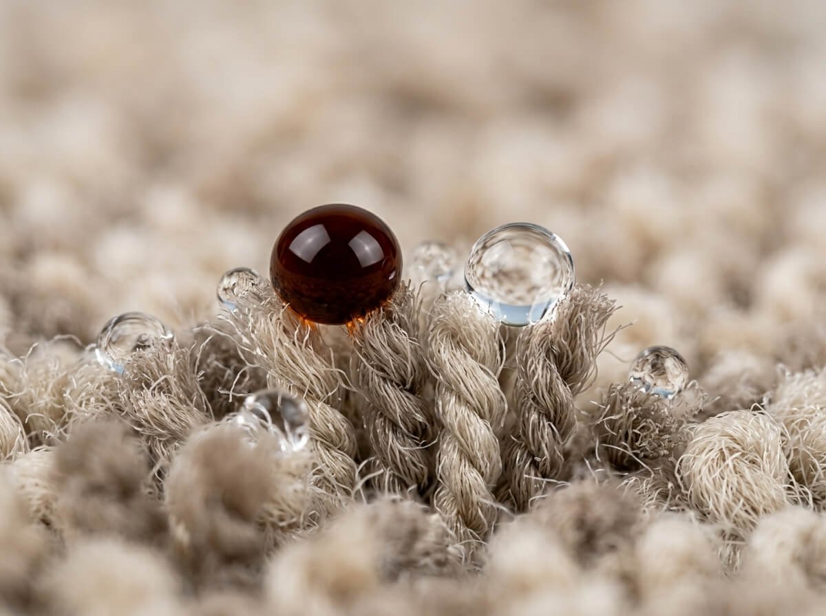 Carpet Care. An ultra-close-up macro photograph focusing beautifully on individual clean carpet fibres. Several perfectly round, vibrant water and coffee droplets are seen cleanly micro-beading on top of the treated carpet surface, showing the invisible liquid-repellent barrier property.