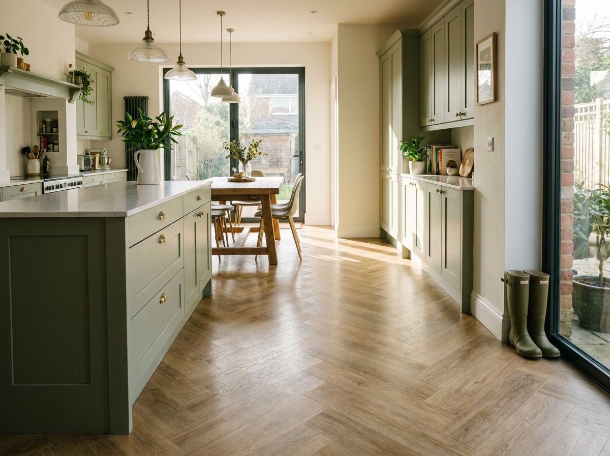 Waterproof Karndean LVT herringbone flooring installed in a Knaresborough open-plan kitchen.