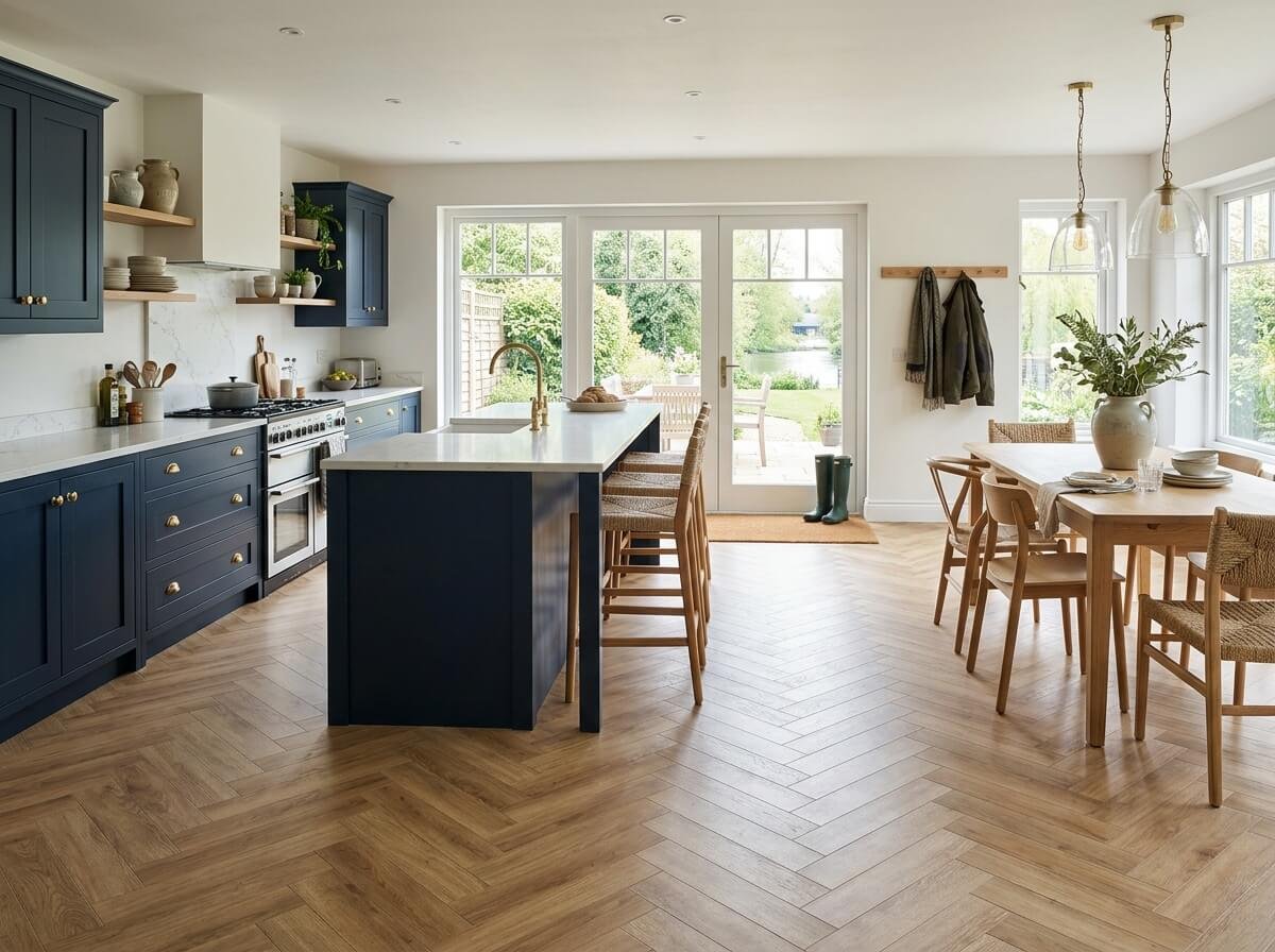 Waterproof Karndean LVT herringbone flooring installed in a Boroughbridge open-plan kitchen